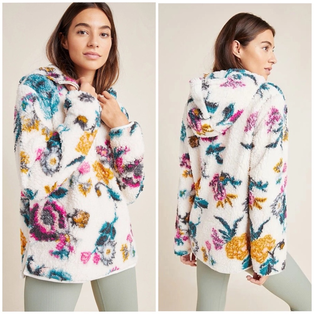 Anthro Saturday Sunday Rosemarie Floral Sherpa Half Zip Hoodie